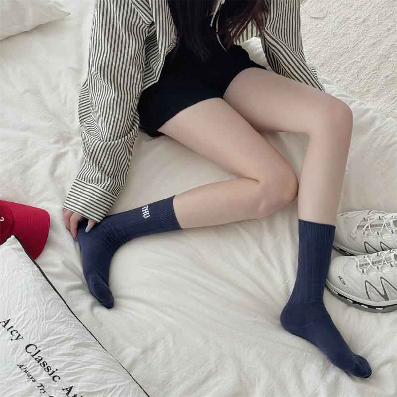 Blogger Same Niche Candy Color Embroidered Letter Week Socks Pit Strip Thick Thread Stacking Socks One size fits all темно-синий BaiTu Apparel