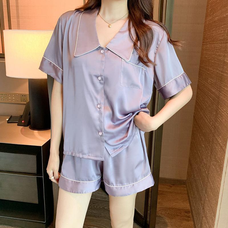 French High-End Imitation Silk Long-Sleeved Pajamas Women S Spring And Summer Solid-Color Cardigan Trousers Loungewear Set L gray BaiJia Jewelry BB