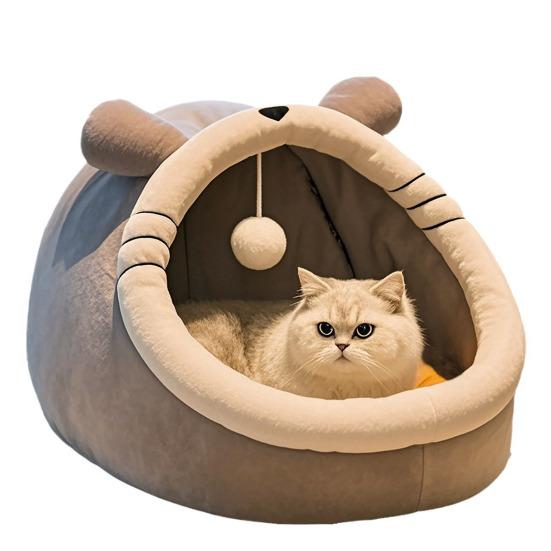 Лежанка-пещера для кошек для домашних кошек, в форме животного, полузакрытая, с подвесным мячиком, уютная теплая успокаивающая кровать для питомцев для маленьких собак, щенков, кошек S black shengxikangg