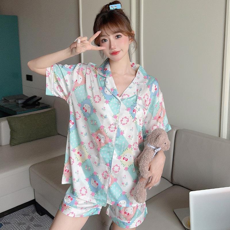 Popular Plaid Cardigan Loungewear Girl Home Cartoon Cute Summer Ice Silk Short-Sleeved Suit M white BaiJia Jewelry BB