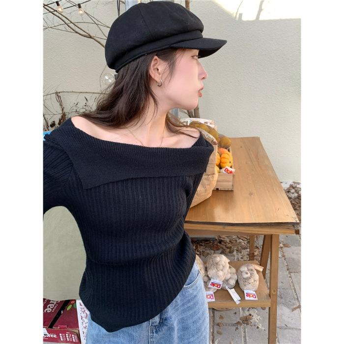 Lapel One-shoulder Long-sleeved Knitted Pullover for Women Early Fall New Design Slimming Long-sleeved Top Average size beige PP2