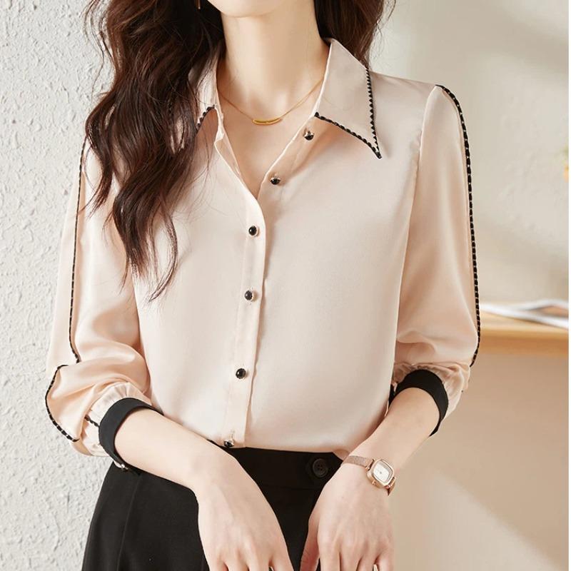 Korean Autumn Blusas Women Vintage Satin Colorblock Tops Chiffon Long Sleeve Casual Blouse Work Wear Office Shirts XL розовый WYLAUGUE