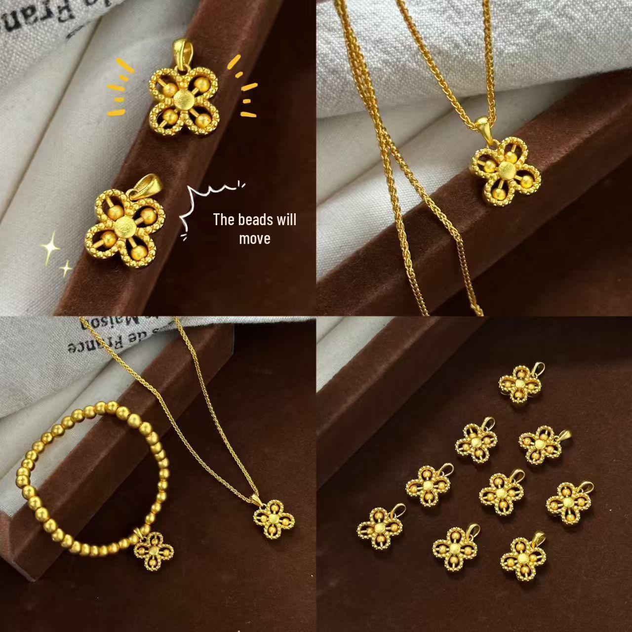Вьетнамский золотой вращающийся набор из ожерелья и браслета в виде четырехлистника: Элегантные женские украшения с бусинами Rotating Clover Pendant (Without Chain) gray Pickerr