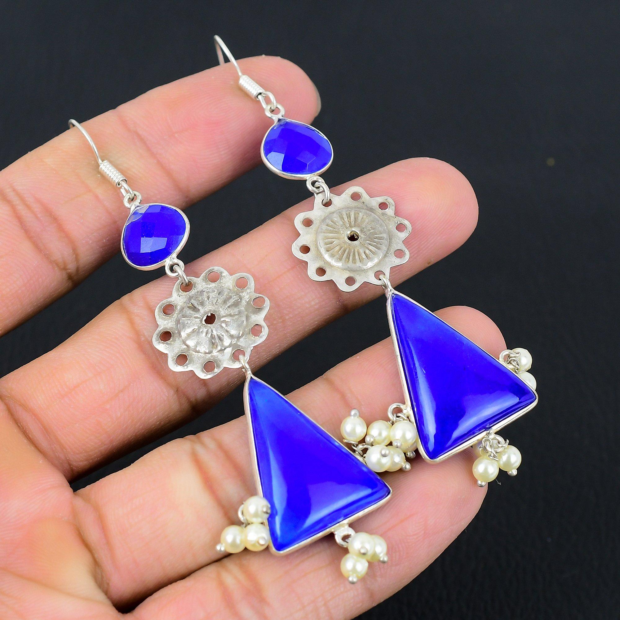 Daughters Day Sale Blue Sapphire Stone 925 Silver Boho Dangling Earrings Jewelry blue Jewel Paradise