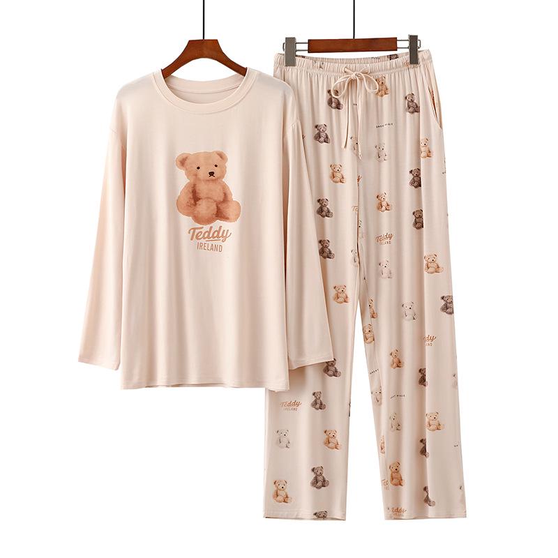 Women s Cartoon Teddy Bear Pajama Set - Long-Sleeved, Loose, Round Neck, 2024 Autumn Collection One Size Fits 80-145 Jin beige TopSky