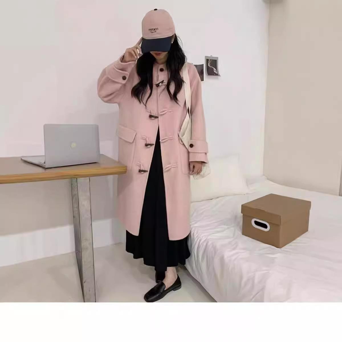 New Horn Buckle Double-sided Wool Coat Department Wind Hooded Medium and Long S gray Avant-garde