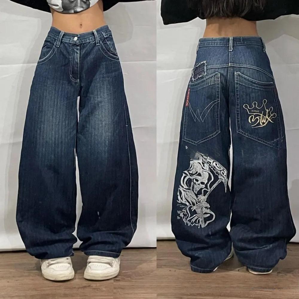 Американские джинсы Y2K New Pattern с вышивкой, свободные, женские, уличные, повседневные, джокер, моющие, большие, широкие брюки, джинсы для пар L синий JD12GU01