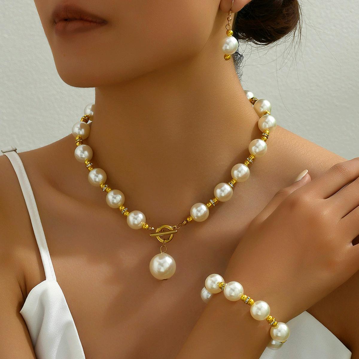 серьги 1 комплект ожерелья многофункциональный пластиковый искусственный жемчуг ключичная цепочка комплект браслет модный стразы популярные Нежные украшения белый wangke