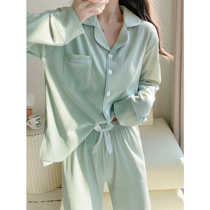Женские брюки с длинным рукавом, хлопковая пижама, Dormir Lounge Sleepwear, однотонная белая пижама для спальни, домашняя одежда, женская пижама M зелёный Fashio