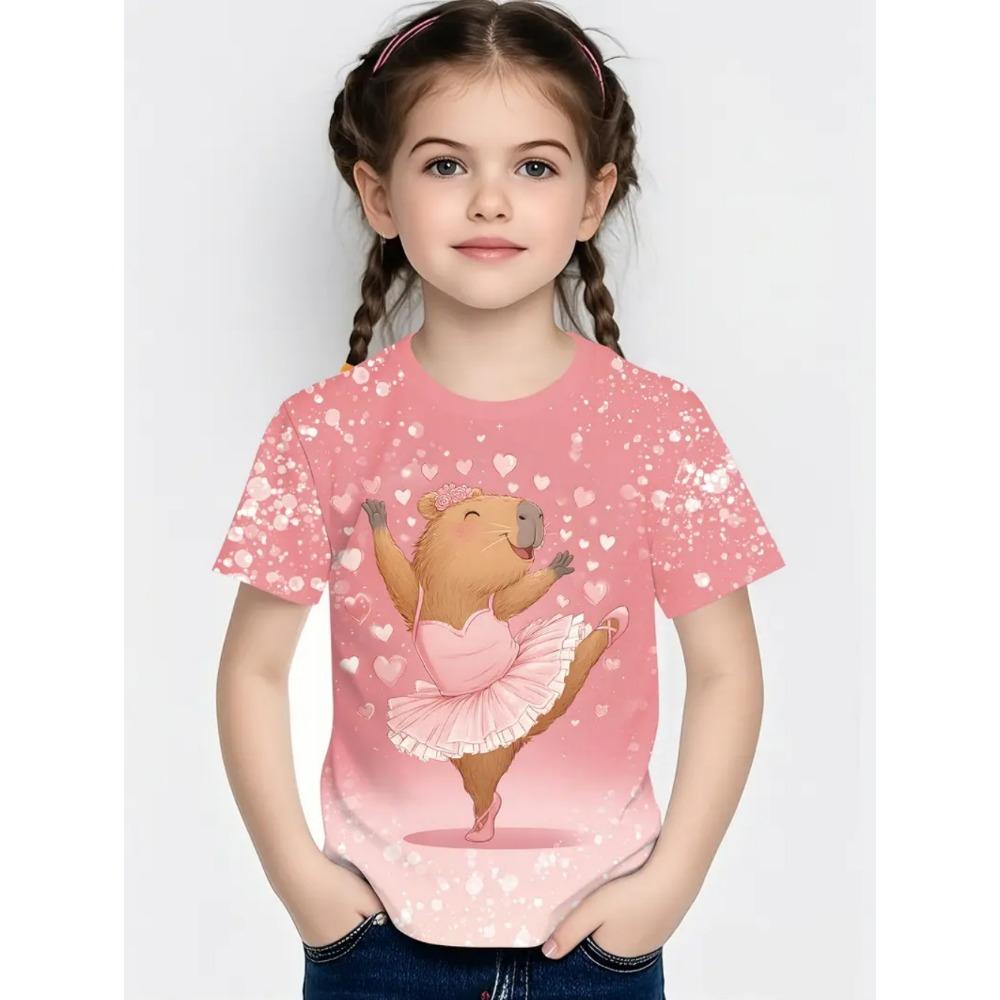T-Shirts for Girls Fashion Capybara Kids Clothes Summer Girls Clothes Cute Cartoon Print Girl Tees Tops Child T-Shirt 100 pink Transmission of love