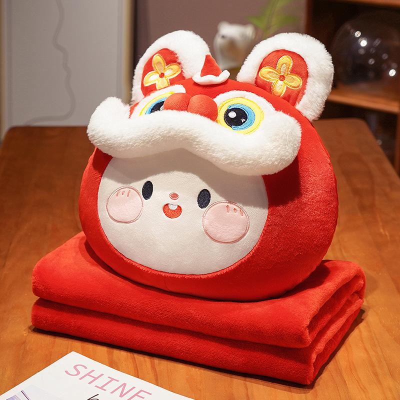 Подушка двойного назначения с китайским мультфильмом Lucky Lion Rabbit, одеяло для салона автомобиля, подушка для сиденья, дивана, стула, подушка для сна, фланелевая подушка A white 91460000MAC06GLD55