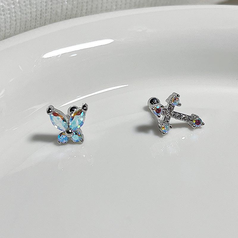 Colorful Zircon Butterfly Cross Earrings: Stylish Fairy Screw Ear Bone Studs for Women Pair of crosses gray FashionFlair