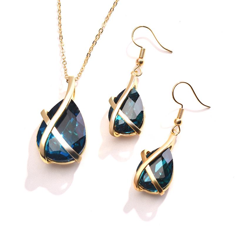 Amazon Inlaid Peacock Blue Water Drop Pear Necklace Earrings Set Wedding Banquet Jewelry beige Lily there