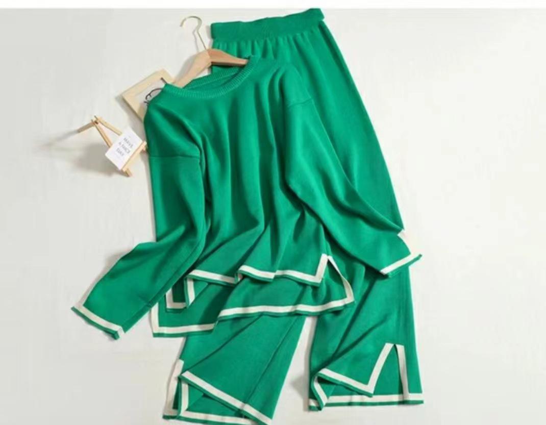 2025 Fall Contrast Long-Sleeve Knit Sweater & High-Waist Wide-Leg Pants Set One Size зелёный StrideBox