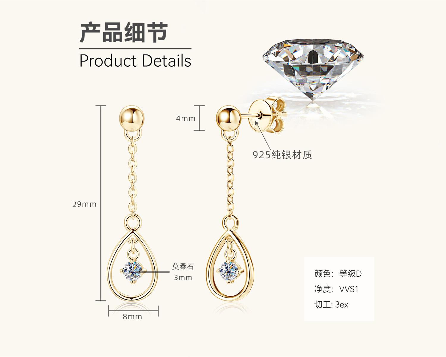 Silvere Glam Корейская версия Дизайн S95 Стерлинговое серебро Серьги-гвоздики с мозанитом в форме слезы для женщин, Нишевая и универсальная пара 0.1 carat+0.1 carat золотистый Yazuan