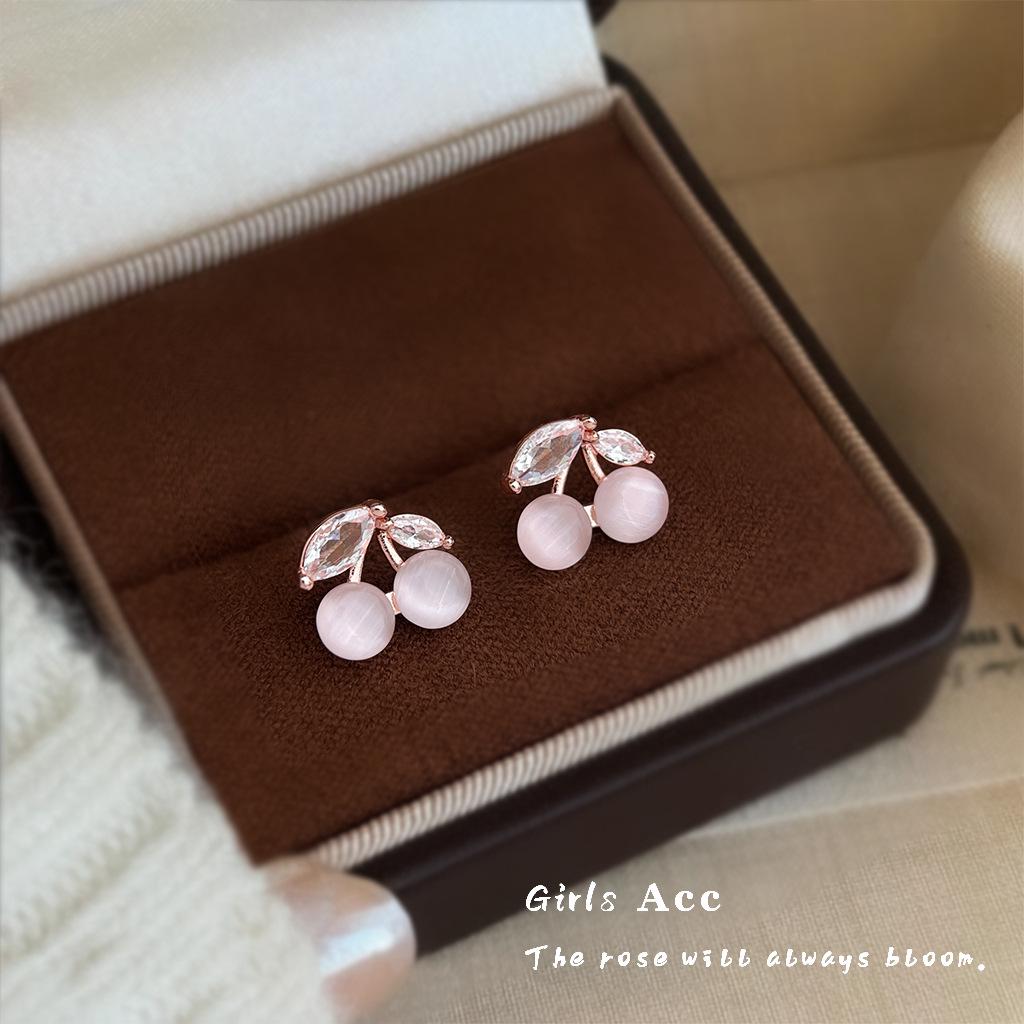 Zircon Cat s Eye Cherry Earrings for Women - Sweet Japanese & Korean Style, Simple Fashion, Fresh Design. black Polaris star