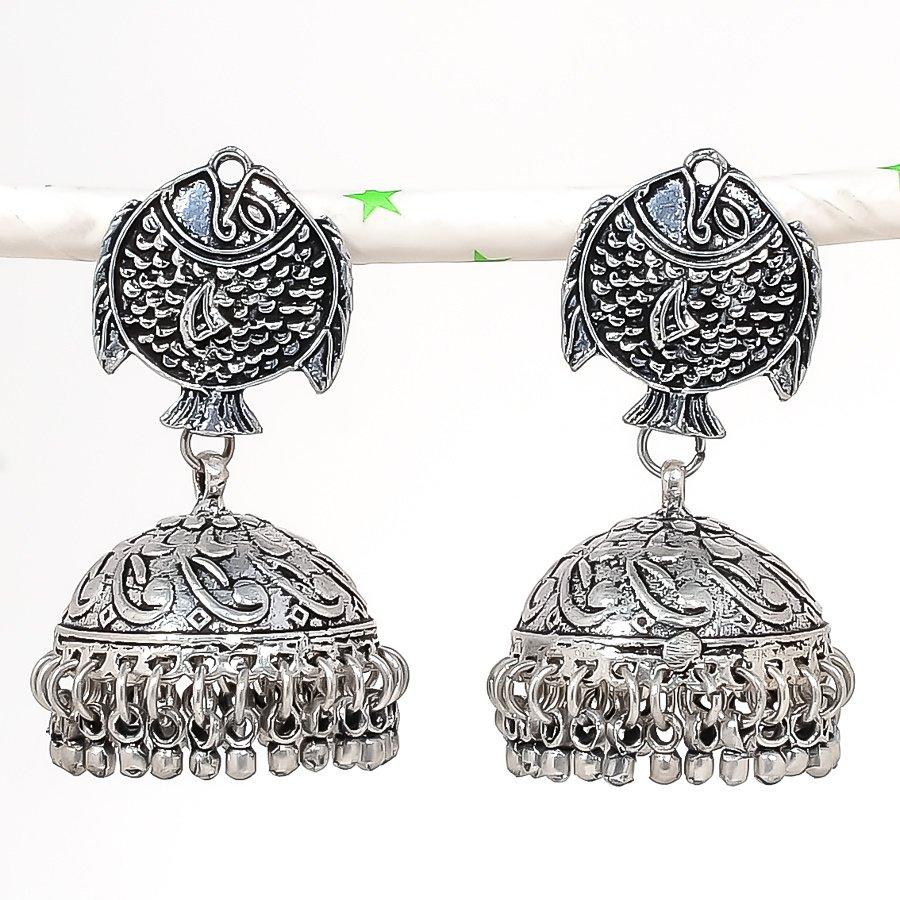 Натуральные индийские серебряные серьги Jhumki с драгоценными камнями в этническом стиле Бали 2,17 дюйма b3S07 gray Manju Jewels Paradise