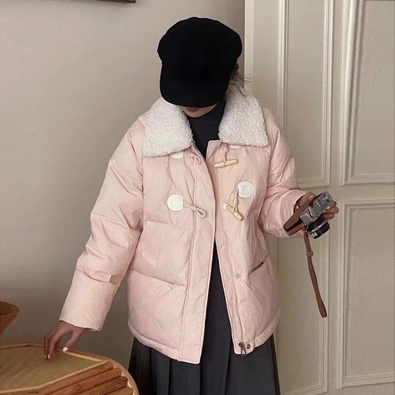 Модное и теплое женское полупальто с роговыми пуговицами и овечьей шерстью на зиму S розовый 21top