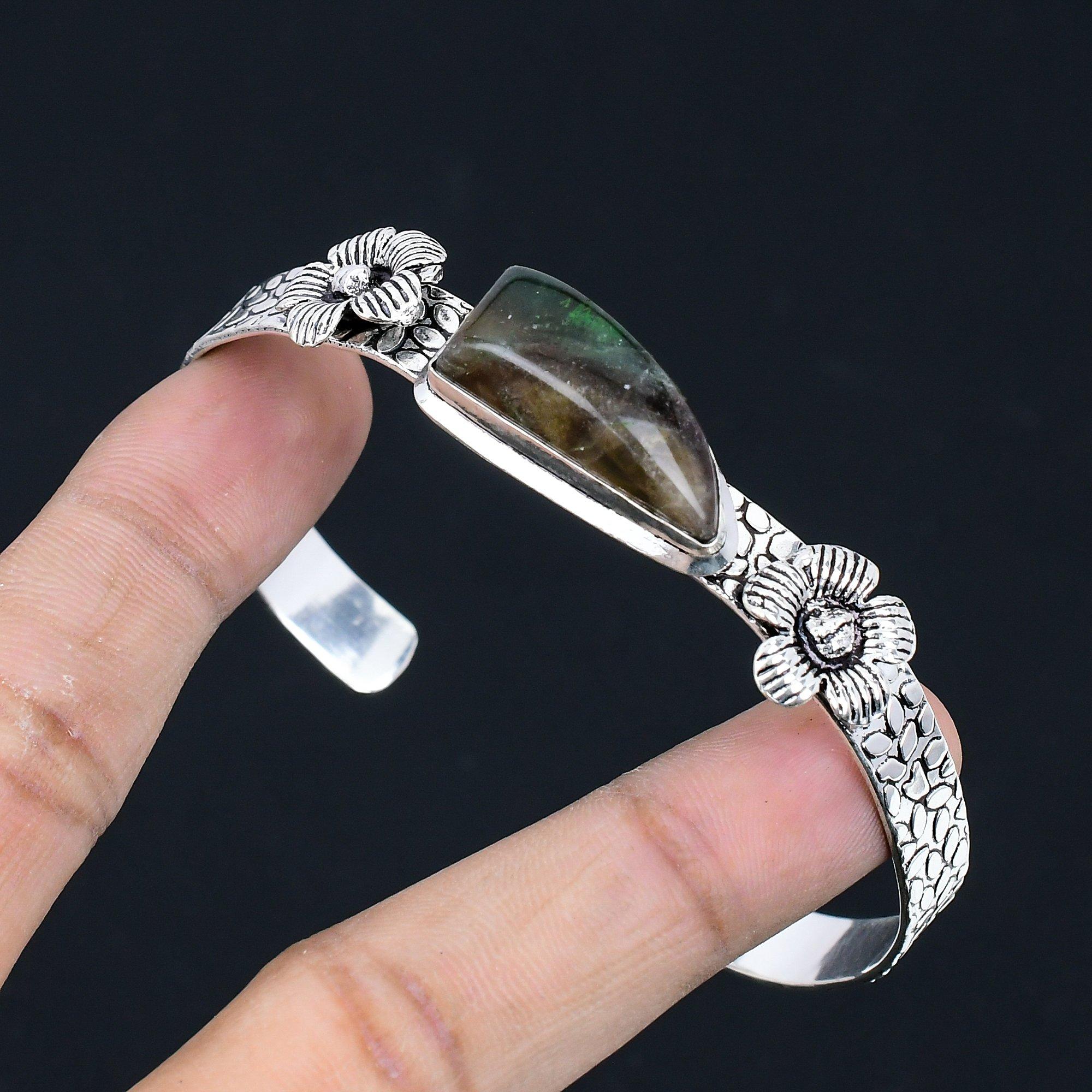 Womens day Sale Sterling Silver Multi Fluorite Gemstone Flower Bangle Jewelry Adjustable gray Jewel Paradise