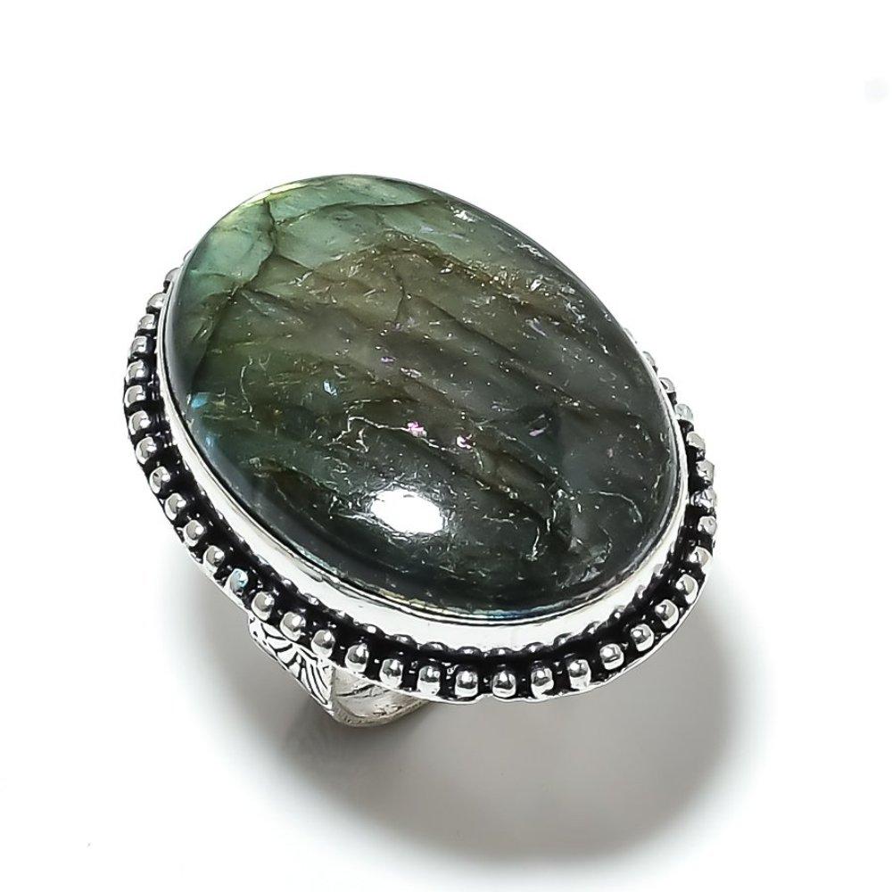 Кольцо из серебра 925 пробы с натуральным лабрадоритом, размер 6, d1a79 gray Manju Jewels Paradise