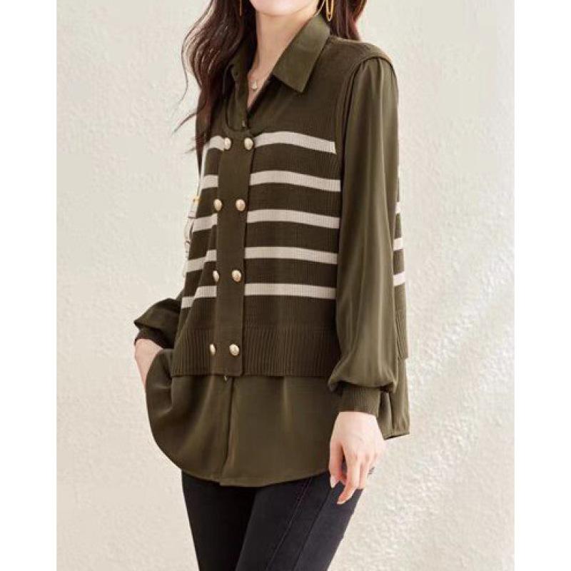 Tooxika New Style Temperament Commuting Fake Two Piece Stitching Sweater Women s Knitted Sweater Top L армия зеленый