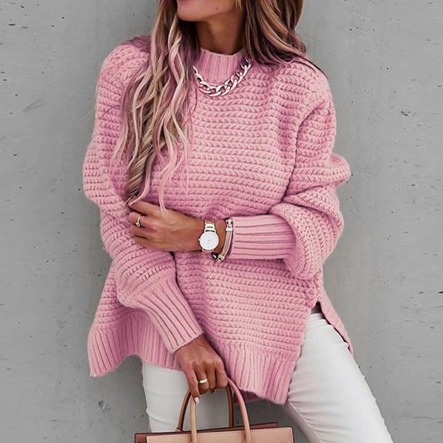 Зимний женский вязаный свитер, повседневные пуловеры больших размеров с половиной высоким воротом, модные однотонные женские свитера грубой вязки с рукавами «летучая мышь» S розовый SDS005