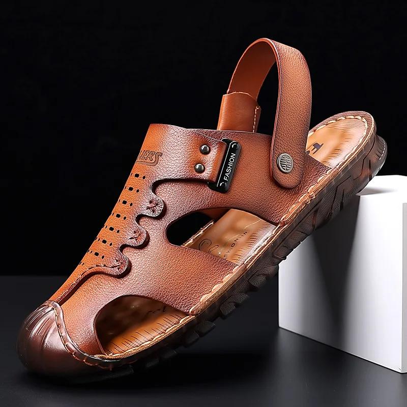 FashionFashion Новые дизайнерские мужские сандалии, однотонные с открытым носком, сандалии из натуральной кожи, мужские летние тапочки, пляжная обувь для мужчин 38 brown Foot Finesse