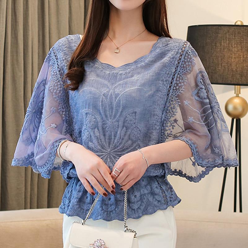 Plus Size Chiffon Blouse Women Summer Cotton Edge Lace Women s Shirt Butterfly Sleeve Flower Office Lady Tops KTB XXL синий