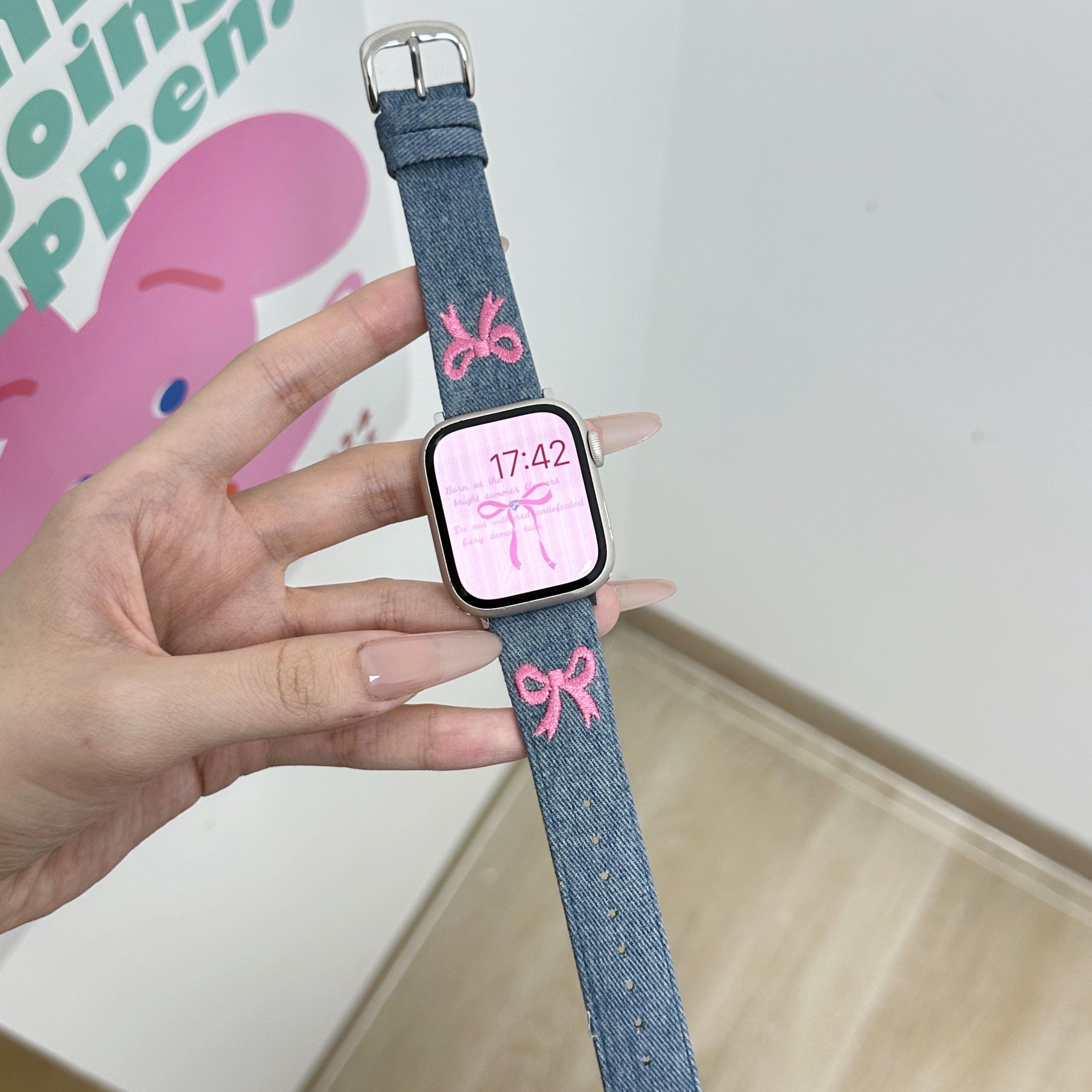 Ремешок с вышивкой в виде ковбоя для Apple watch Band Ultra 2 49 мм 10 9 8 7 45 мм 46 мм 41 мм ремешок для часов браслет для iwatch 6 5 4 3 SE 42 44 мм 40 мм 38 40 41 42（S10） светло-синий/розовый Agood