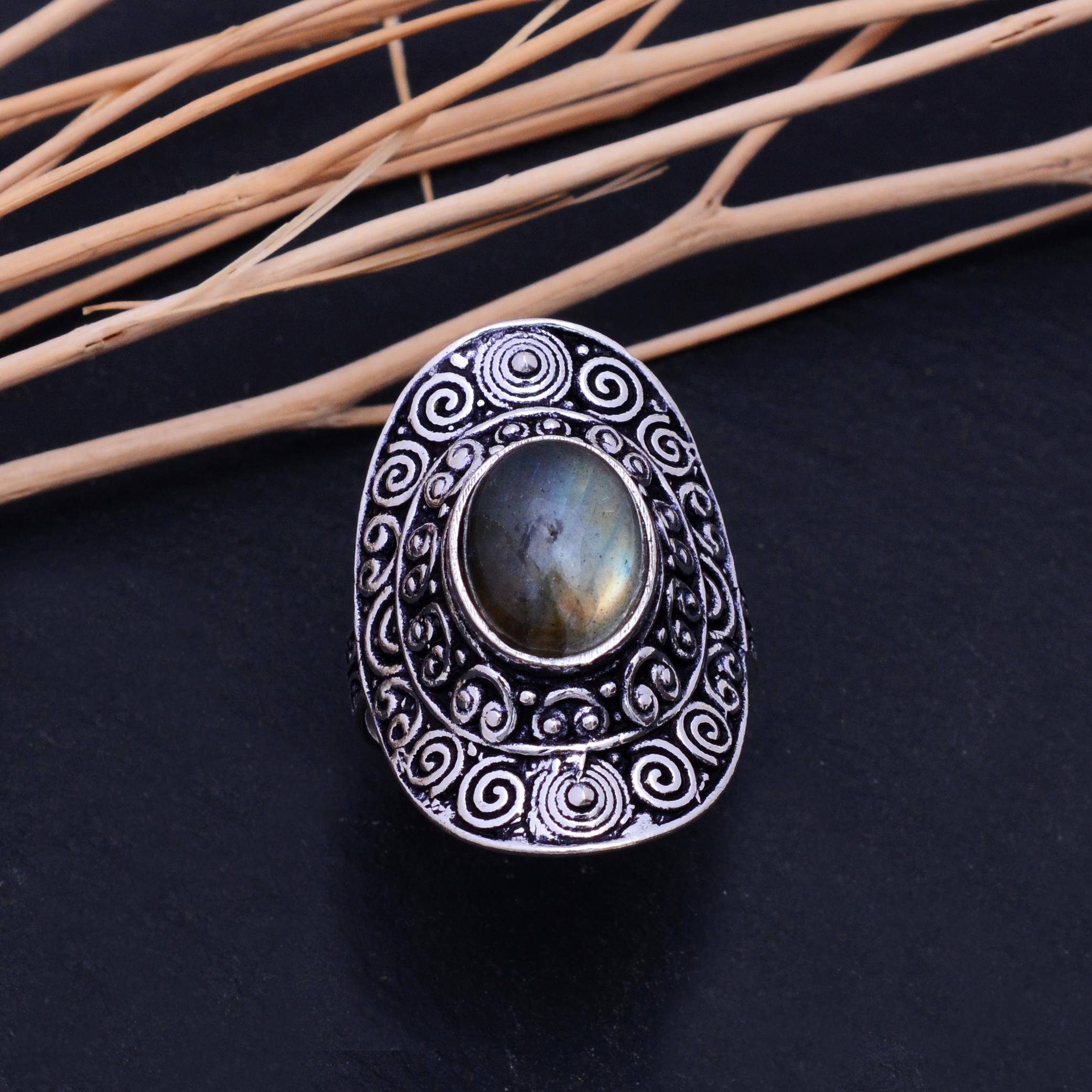 Лабрадорит Ручная работа Серебро 925 пробы Кольцо Размер 11.75 K8g72 gray Copperjewels