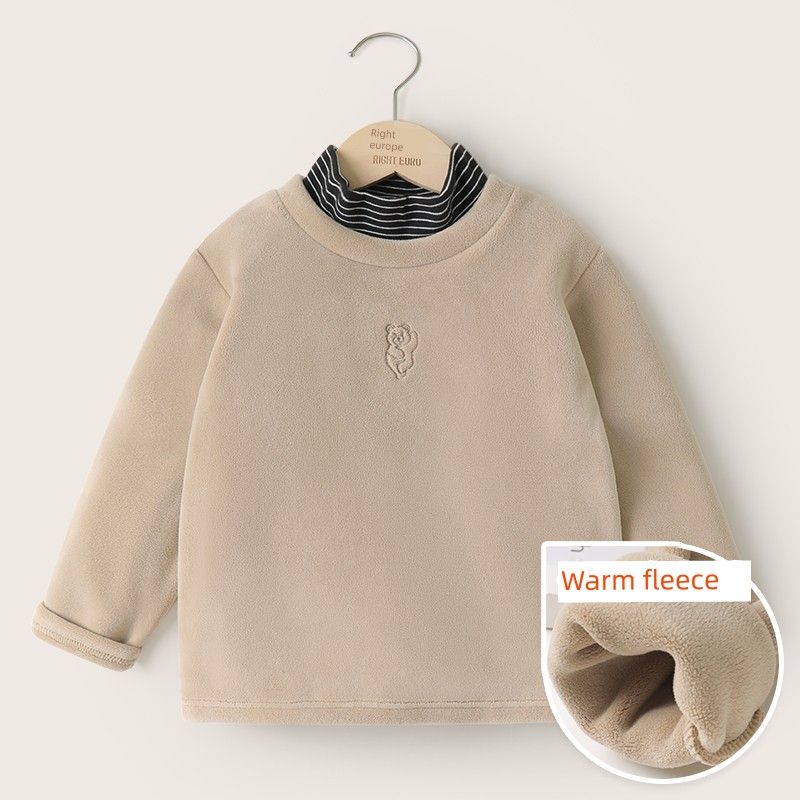 Right-Ou Boys  Double-Sided Fleece Faux Two-Piece Long-Sleeve T-Shirt, Thickened Base Layer Top, Autumn and Winter Style, Children s Clothing Khaki 140 gray TAOMall