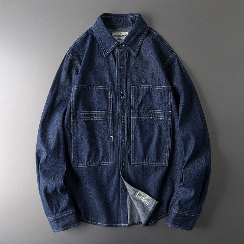 Амекаджи Винтажная Экспортная Оригинальная Джинсовая Рубашка Dark Denim Blue L black TAOMall