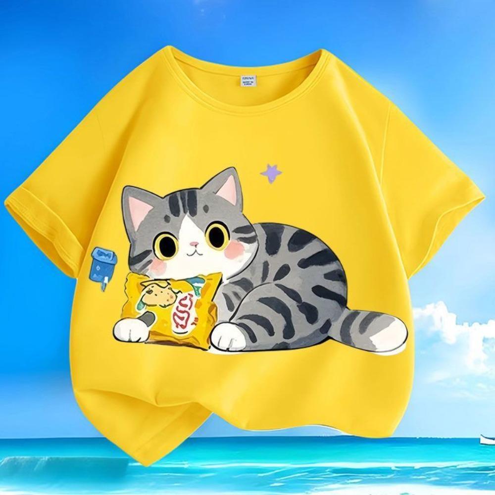 Летняя Любимая Детская Футболка с Принтом Кошки Детская Летняя Свободная Футболка с Круглым Вырезом Повседневный Топ Футболка с Коротким Рукавом 110 gray huiteng10