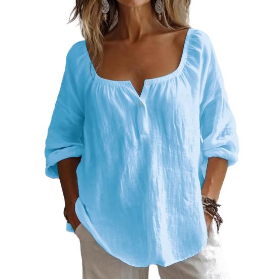 Women Tops V-Neck Long Sleeve Loose Fit Blouse Solid Color Stretchy Neckband Tops Work Party Date Wear XL небесно-голубой PekPit