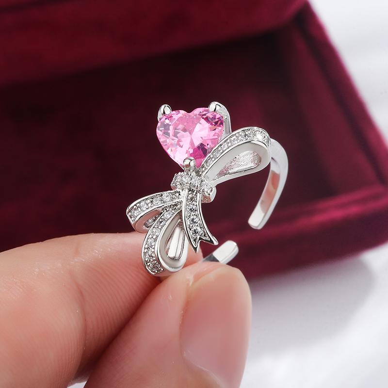 Модные ювелирные изделия Love Bow из циркония, набор из трех предметов, 925 пробы, новые розовые серьги-кольца Love из циркония, подарок на день рождения resizable розовый Exquisite Bui Ling Jewelry