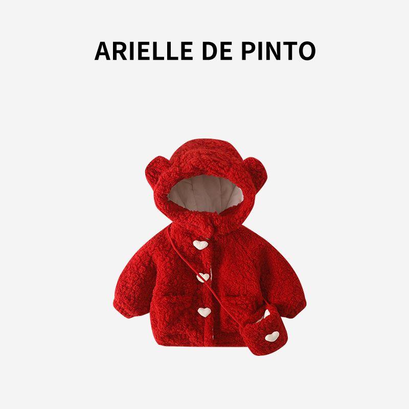 French Arielle De Pinto Girls  Cotton Coat, Winter Baby Girl s Cute Red Cotton Jacket with Fleece and Thickened Lining Red 80 red TAOMall
