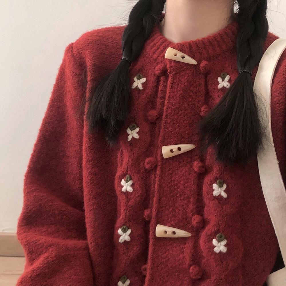 Mori Retro Cowl Button Cardigan Sweater Womens Осень-зима Свободная трикотажная куртка с вышивкой One Size красный CANVAUS