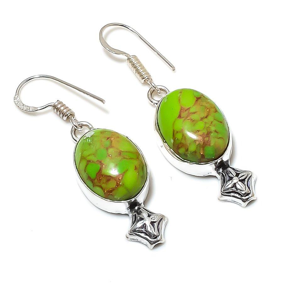 Серьги из серебра 925 пробы с драгоценными камнями медно-зеленого бирюзового цвета 1,81 дюйма green Madonnajewels