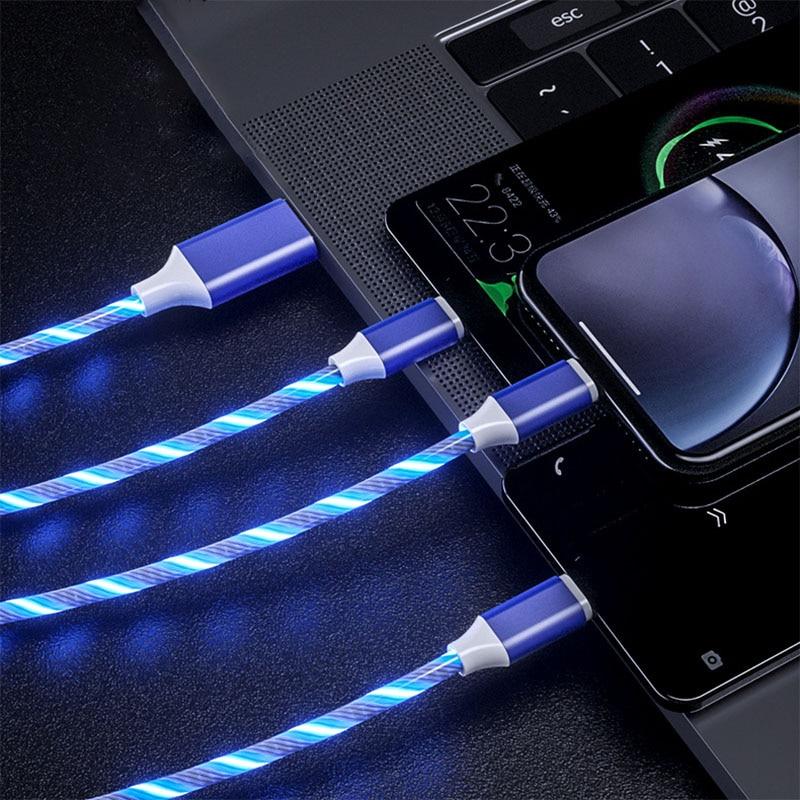 3 в 1 светодиодное освещение USB-кабель Micro USB Type C 8-контактный кабель для зарядки для iPhone Huawei Samsung Xiaomi с несколькими USB-портами USB C кабель для зарядки мобильного телефона 1.2m синий SH-YU1