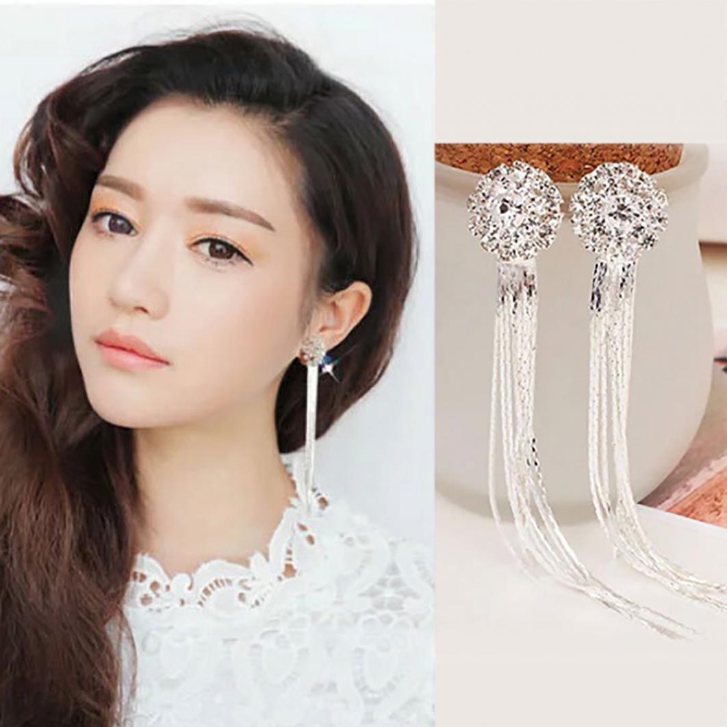Unique Tassel Pendant Long Dangle Statement Women Stud Earrings Gift Rhinestone KTJ beige