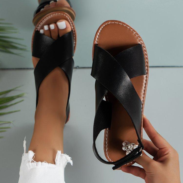 Сандалии Vinatge Cross Strap Flat для женщин, летние новые сандалии Flat Sandles, женская нескользящая пляжная обувь, женские пляжные сандалии, большой размер 43 35 чёрный Foot Living
