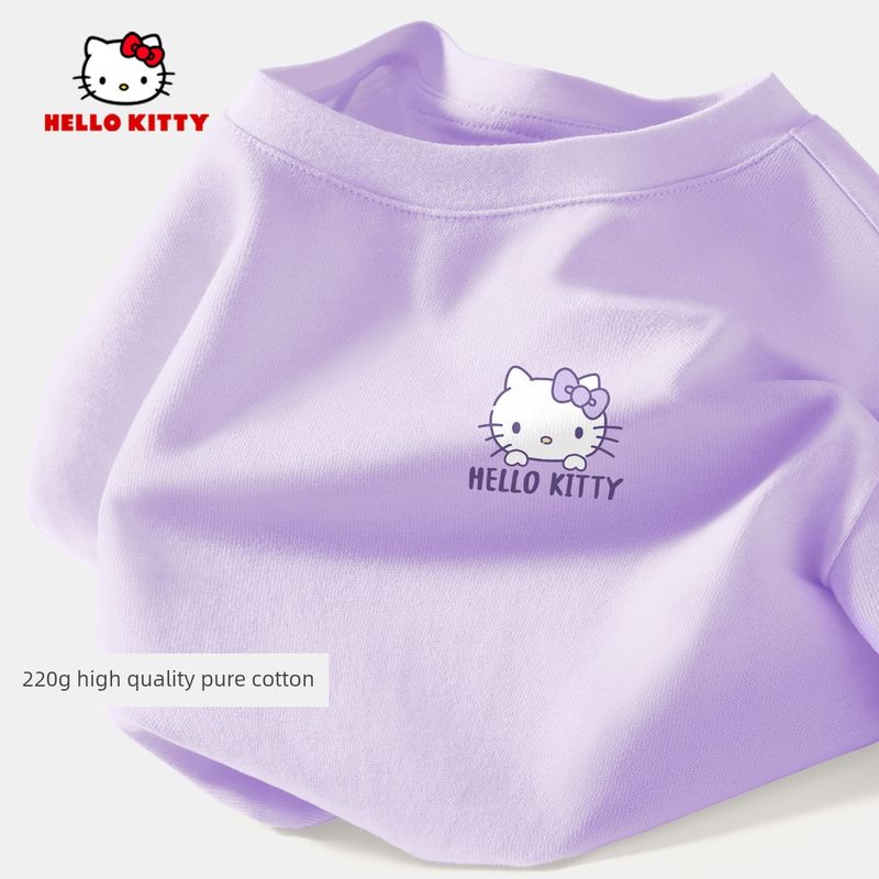 Девочка Hello Kitty Футболка с коротким рукавом 2025 Новый стиль Белый Чистый хлопок Тяжелый вес Топы Детские Летние Мода Ti Z Is Well-Behaved K Taro Purple 120 pink TAOMall