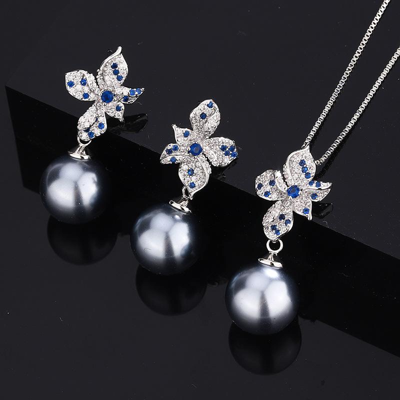 Жемчужное ожерелье Niche Light Luxury Silver Needle Earrings Pearl Temperament Summer Set Cerges Cirry Cerges Royal Blue Women black JEWEL HOME