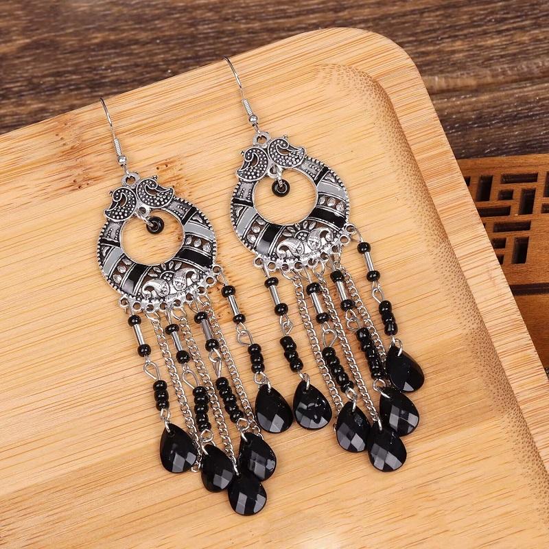 Nieuwe Vintage Zigeuner Etnische Waterdruppel Oorbellen Voor Vrouwen Boho Lange Акрил Kralen Kwast Oorbellen Bijoux Femme чёрный 91460000MAC17TKY2A