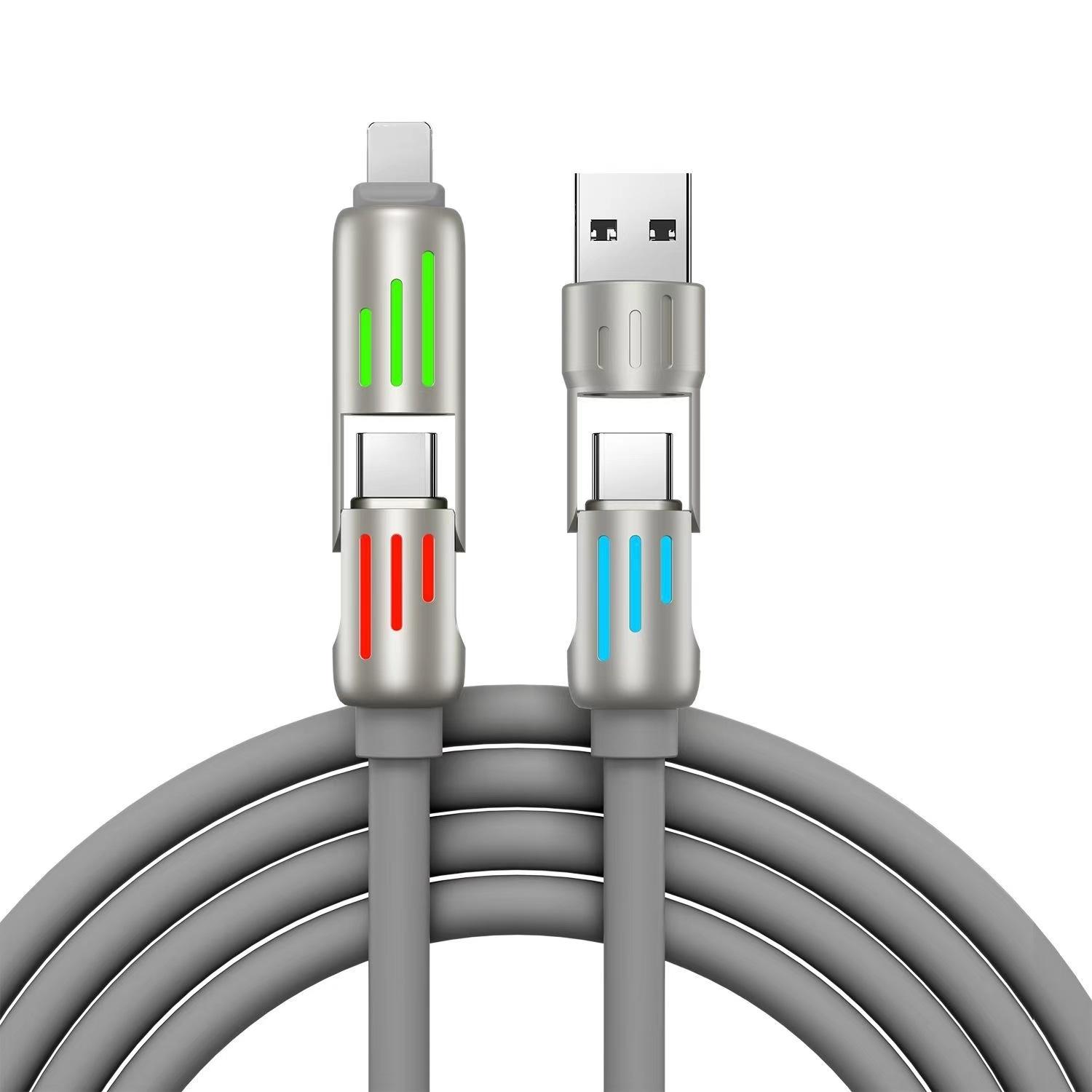 240 Вт 4 в 1 RGB кабель супер зарядное устройство для iPhone 15 Type-C/USB к Type-C/8Pin PD быстрая зарядка для Huawei Xiaomi кабель передачи данных 1m серый Junmaocun