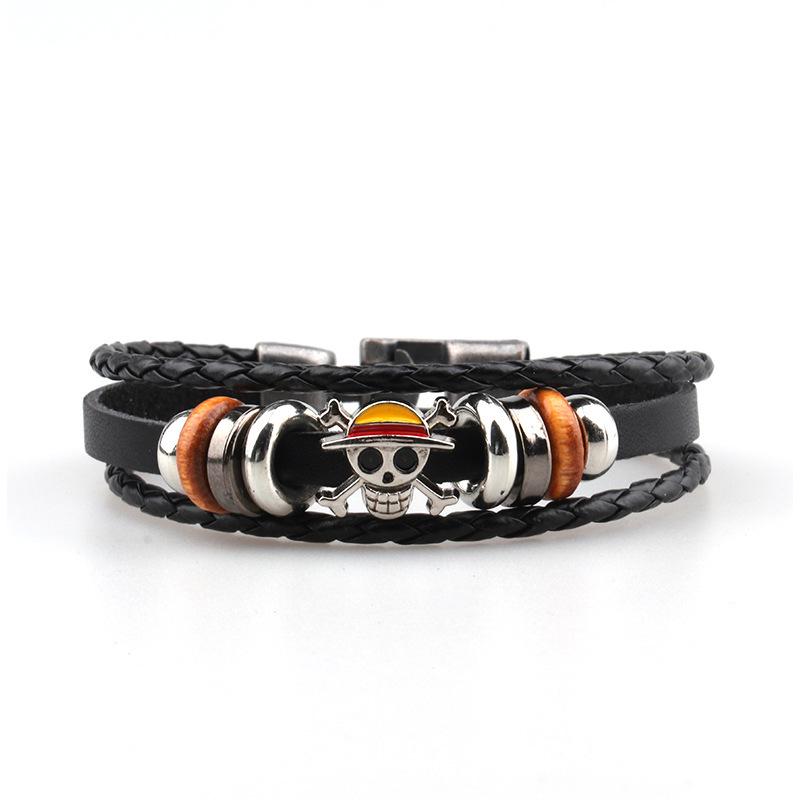 One Piece Луффи Мужской кожаный браслет с черепом и деревянными бусинами gray FashionFlair
