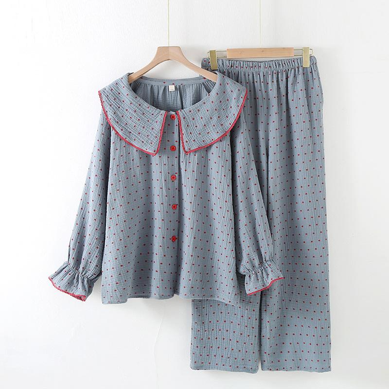 Fall Korean Pajamas Women Cute Sweet Doll Collar Polka Dot Printed Cotton Long Sleeved Long-length Pants Comfortable Home Clothes M синий PP2