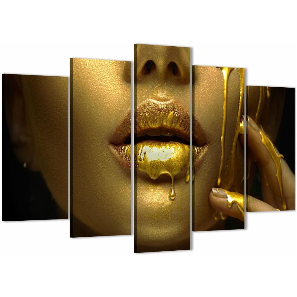 Набор из 5 предметов  Gold Bigold Lips  модульная настенная живопись на холсте, украшение для семейной гостиной Medium Size Unframed Canvas brown Lin AAVE