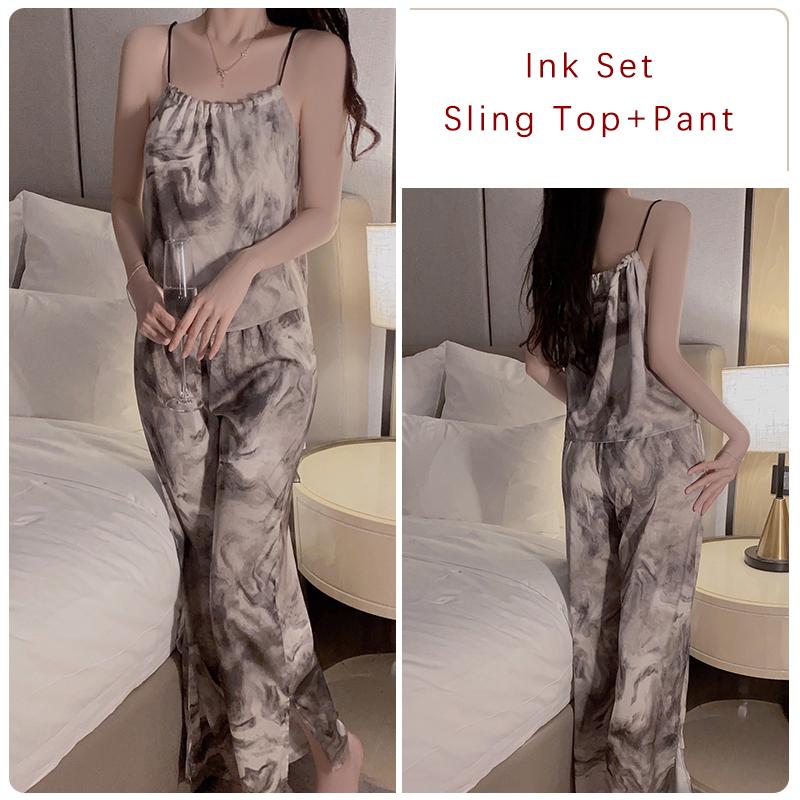 Ink Sexy пижамный комплект для женщин с принтом Ice Silk топ с бретельками и разрезами брюки кружевной женский пижамный комплект M gray Fancy Style Studio