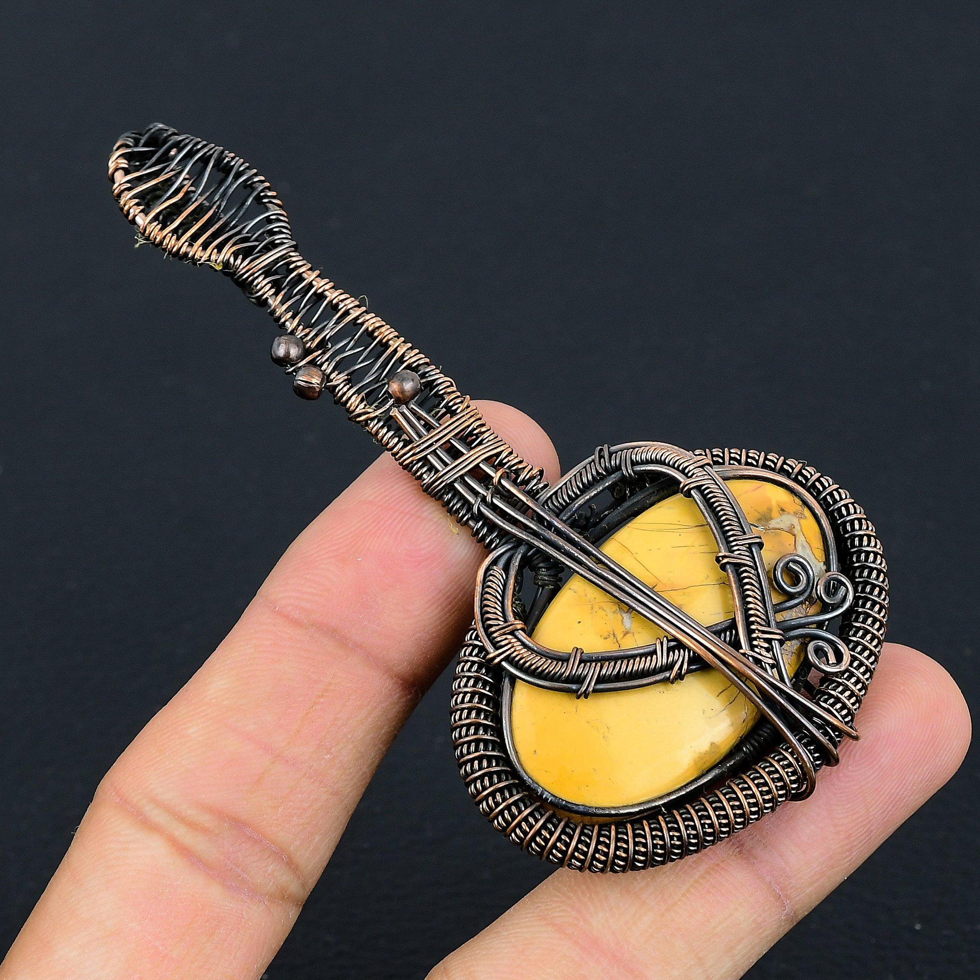 Yellow Mookaite Handmade Copper Wire Wrap Guitar Pendant 3.1 H7w81 gray Copperjewels